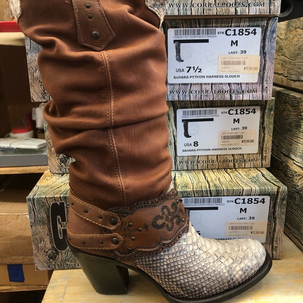 Corral Brown Leather & Ivory Python Heeled Slouch Boots